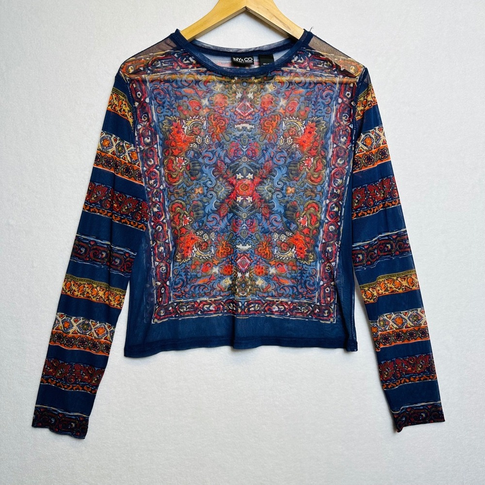 New York & Company Mesh Top Women L Blue Tapestry Print Sheer Long Sleeve - Picture 2 of 9